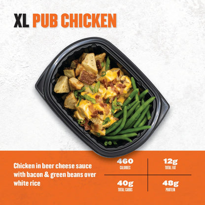 Meal container with XL Pub Chicken dish on a white background