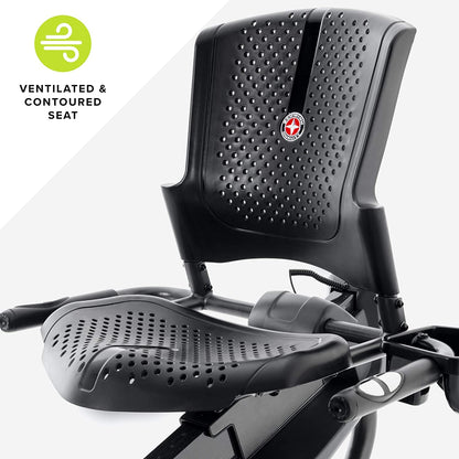 Black bicycle seat with text 'Ventilated & Contoured Seat' on a white background