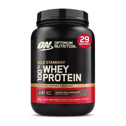 Optimum Nutrition Gold Standard 100% Whey Protein container on a white background