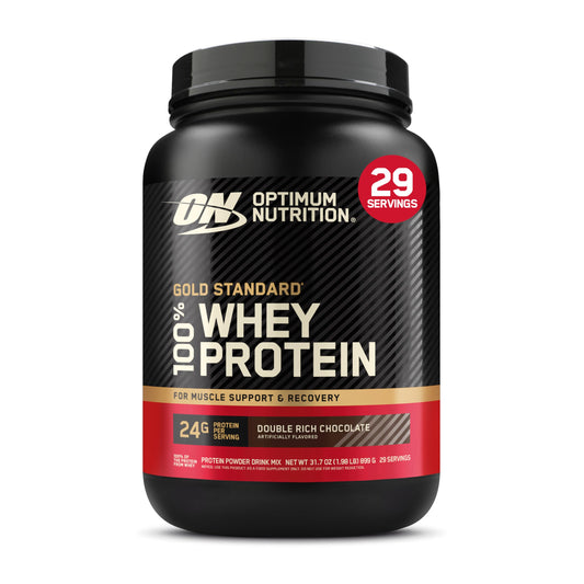Optimum Nutrition Gold Standard 100% Whey Protein container on a white background