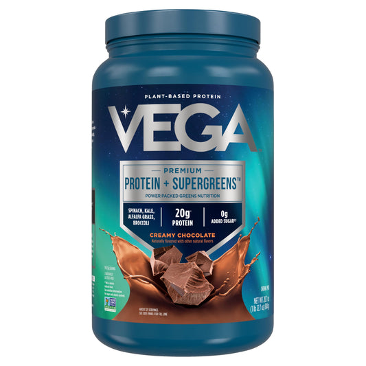 Vega protein supplement container with chocolate flavor on a white background