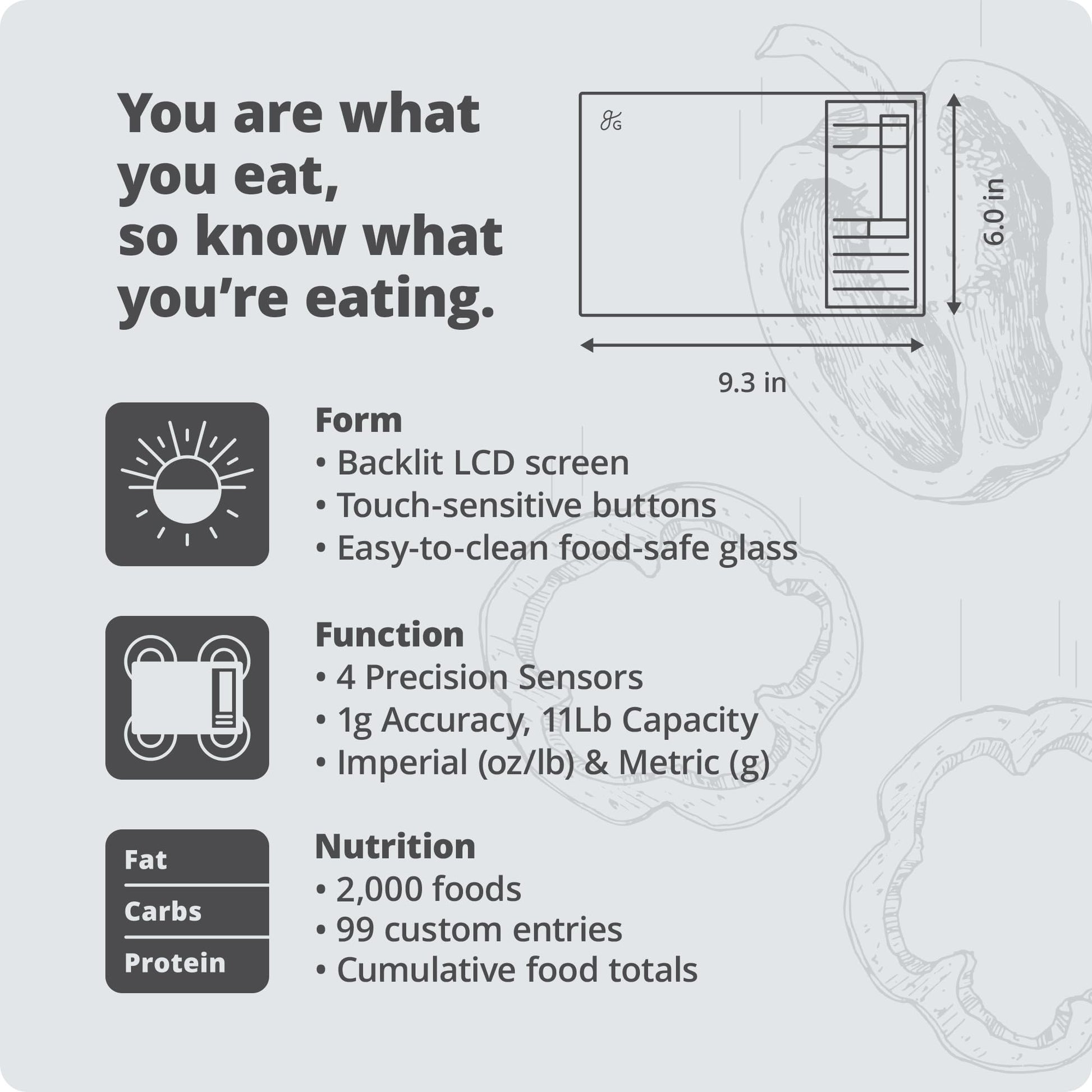 Product specifications for a digital scale on a gray background