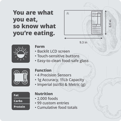 Product specifications for a digital scale on a gray background