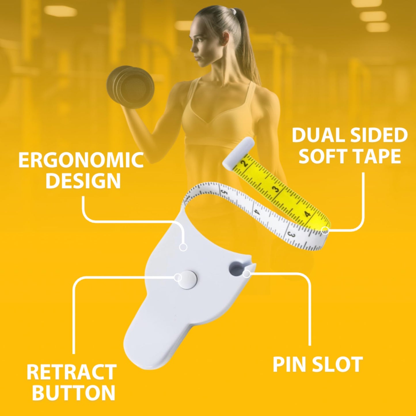 Woman lifting weights with a measuring tape and text highlighting features on a yellow background