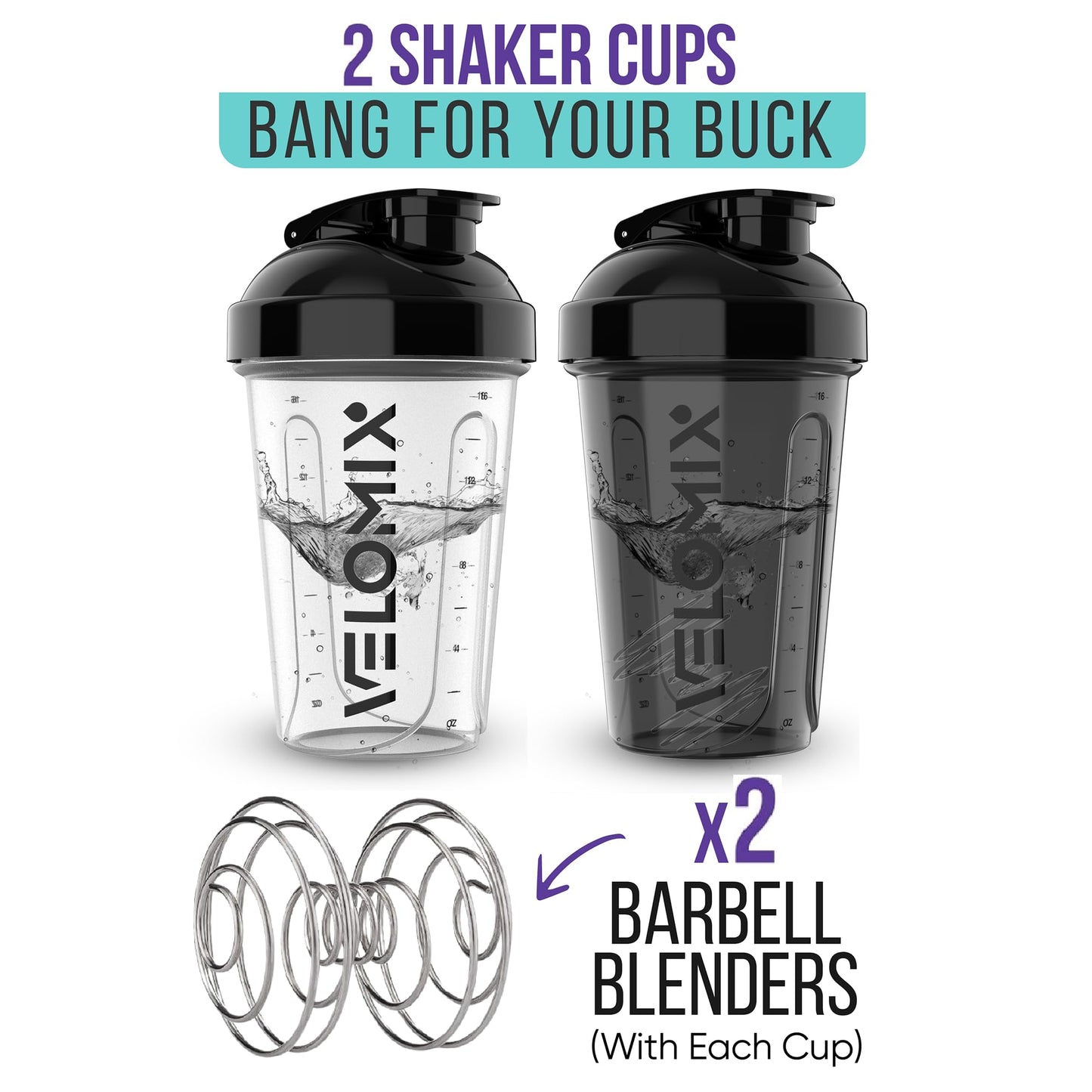 Two black Velonix shaker cups with additional barbell blenders on a white background.