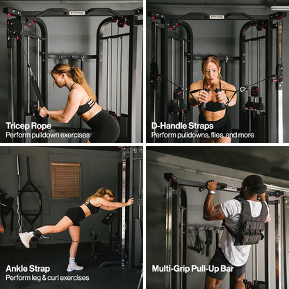 Gym equipment including tricep rope, D-handle straps, ankle strap, and multi-grip pull-up bar with users demonstrating their use.
