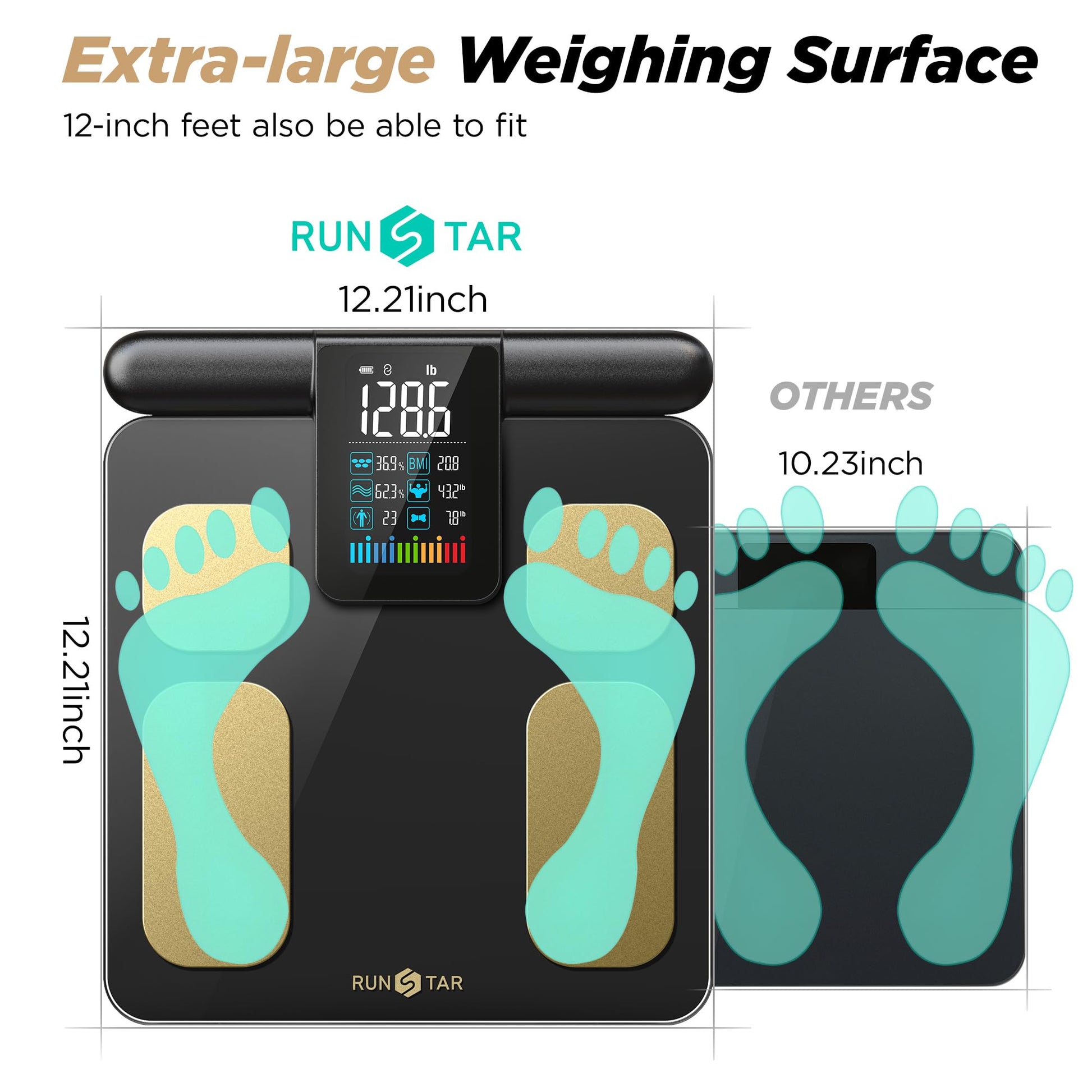 Run Star digital bathroom scale with large weighing surface and footprints showing size comparison.