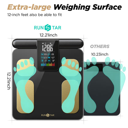 Run Star digital bathroom scale with large weighing surface and footprints showing size comparison.