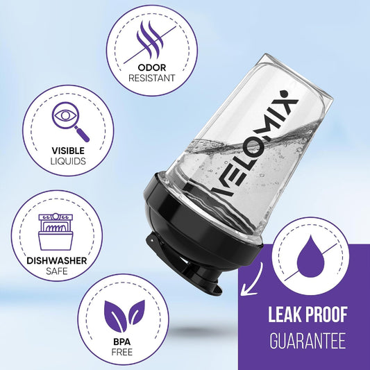 Elomix water bottle with features highlighted on a light blue background