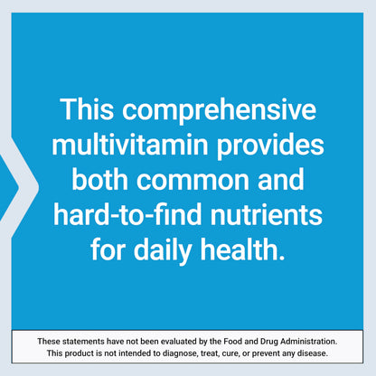 Blue background with white text about a comprehensive multivitamin.