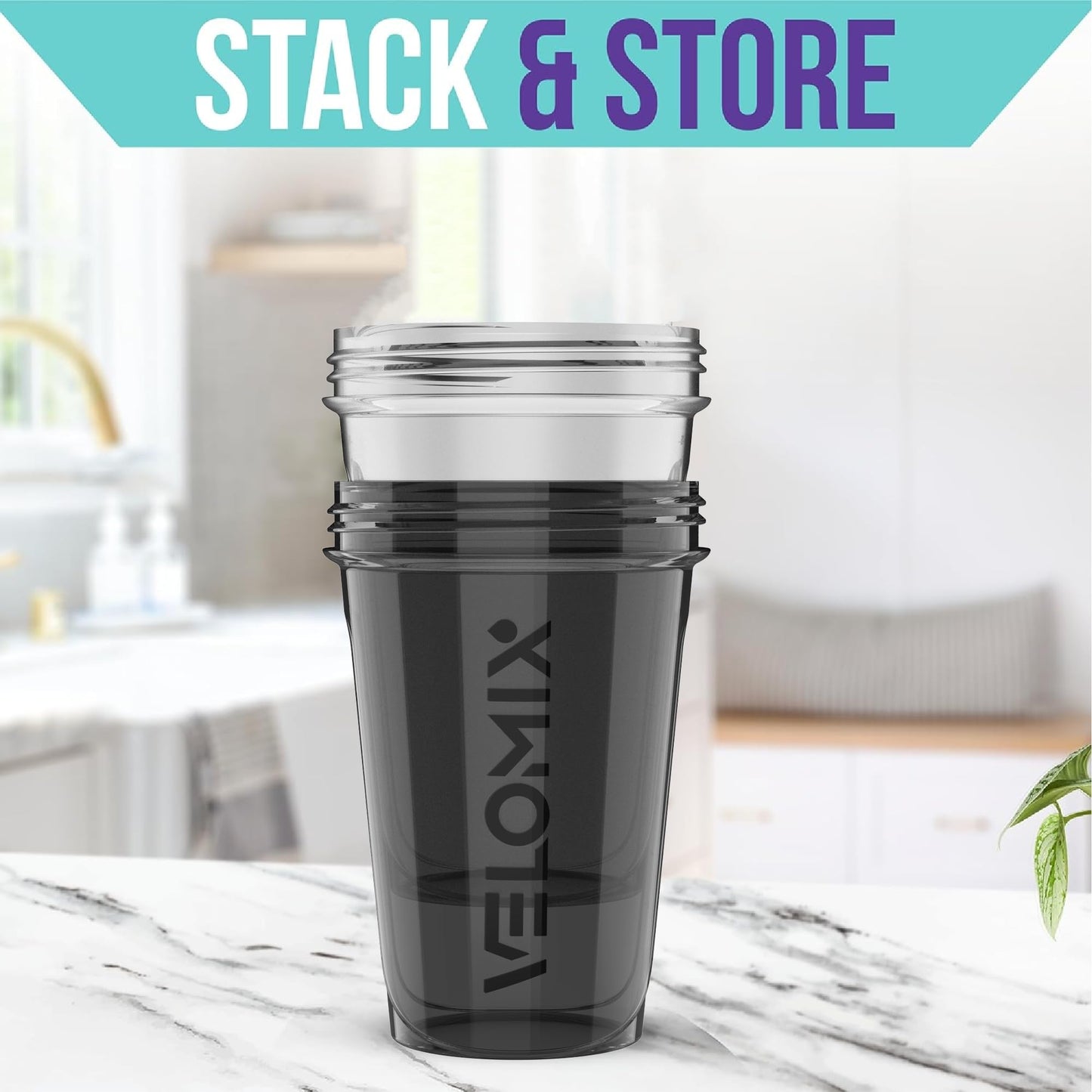 Black shaker cup with 'VeloMix' branding on a marble surface, with a kitchen background.