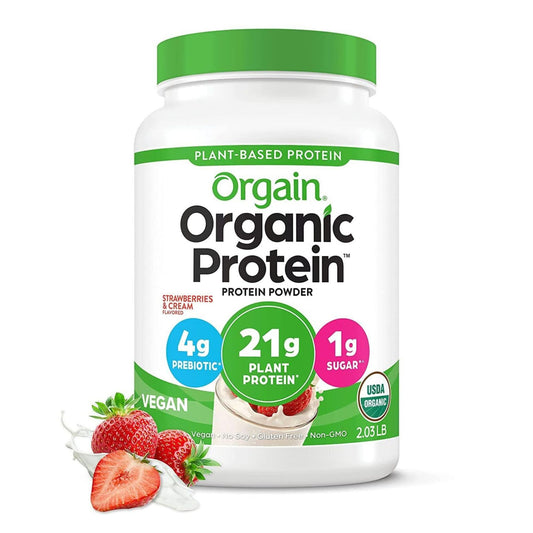 Orgain Organic Protein powder container with green lid and strawberry flavor label on a white background