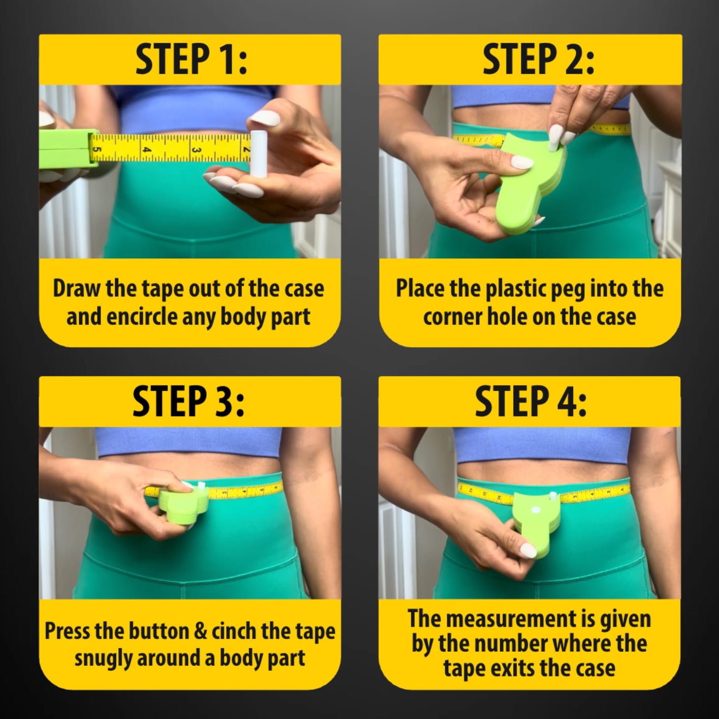 Instructions for using a measuring tape with a plastic peg on a dark background