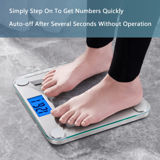 Person stepping on a digital bathroom scale with text about auto-off feature.