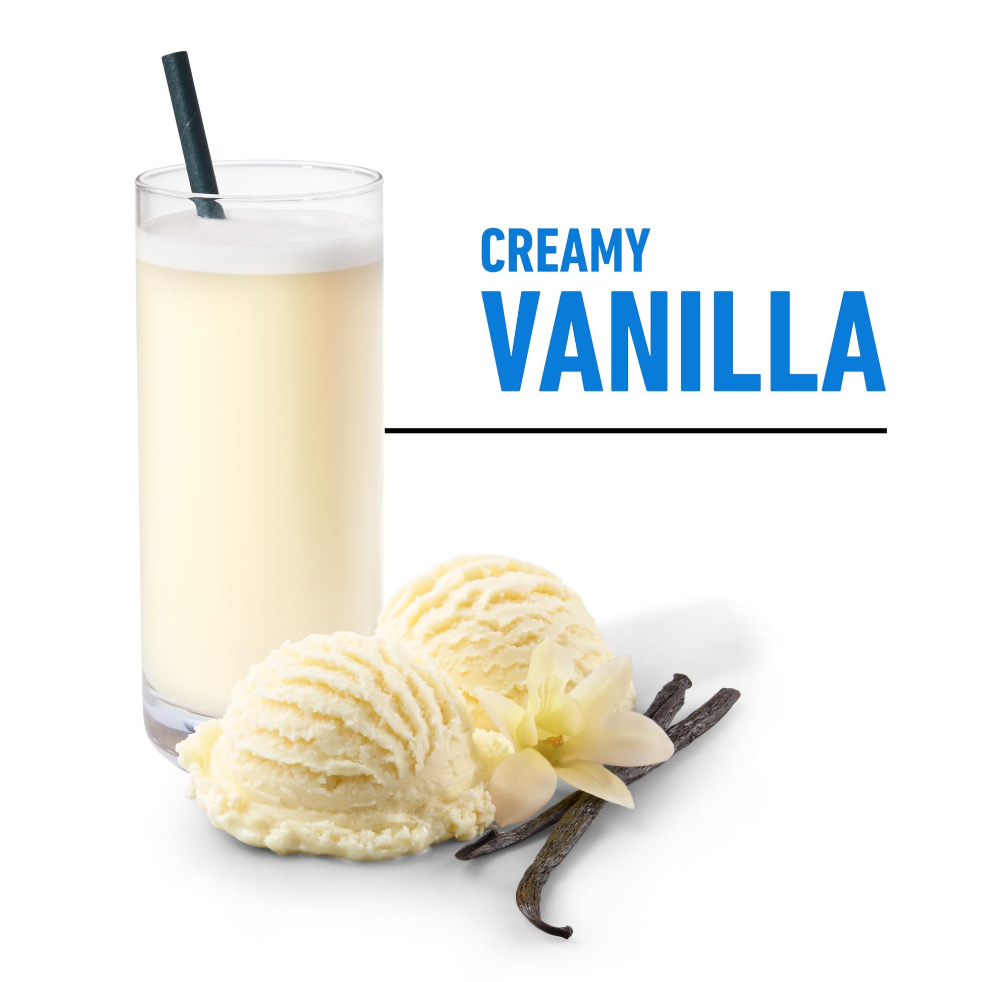 Glass of creamy vanilla milkshake with vanilla ice cream and beans on a white background