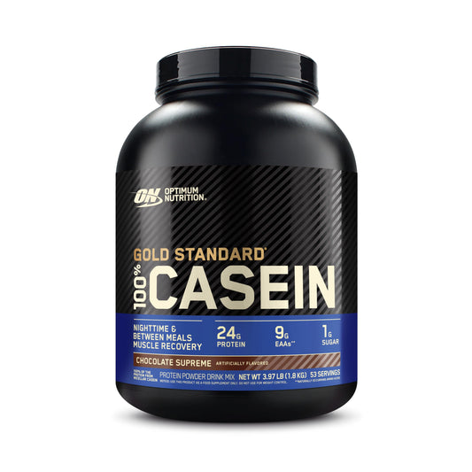 Optimum Nutrition Gold Standard 100% Casein protein powder container on a white background