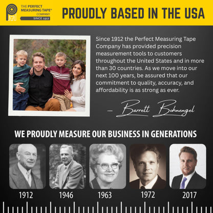 Advertisement for The Perfect Measuring Tape Company with family photo and timeline of company history.