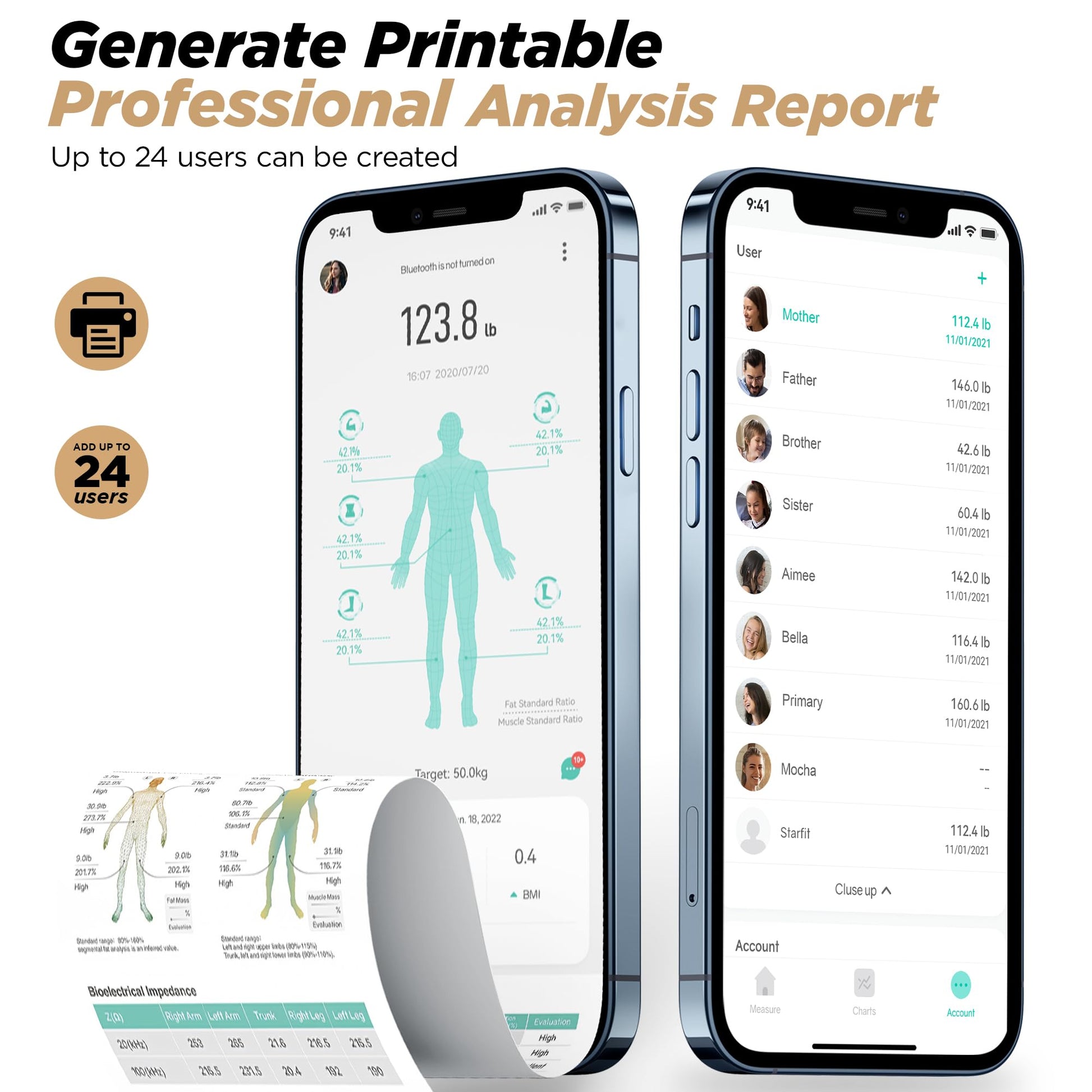 Two smartphones displaying health and fitness app interfaces with user profiles and analytics.