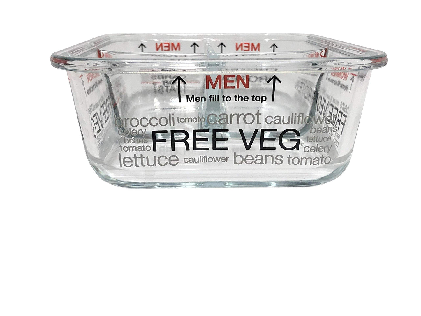 Hexagonal glass measuring cup with text on a white background