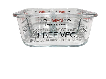 Hexagonal glass measuring cup with text on a white background