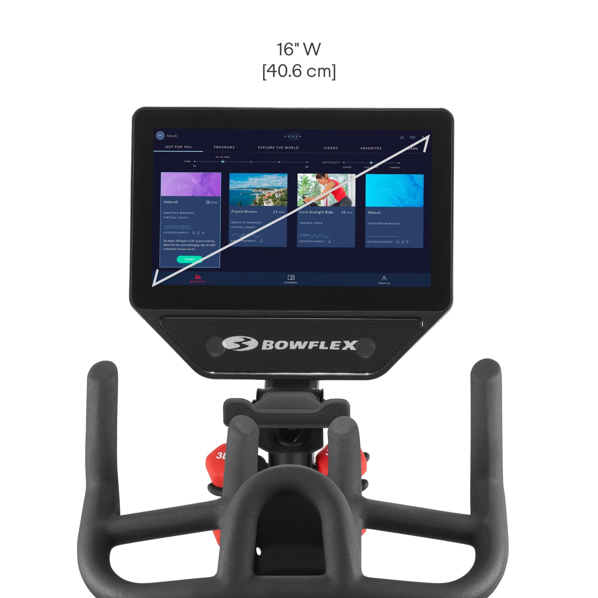 Bowflex exercise bike console with touchscreen display on a white background