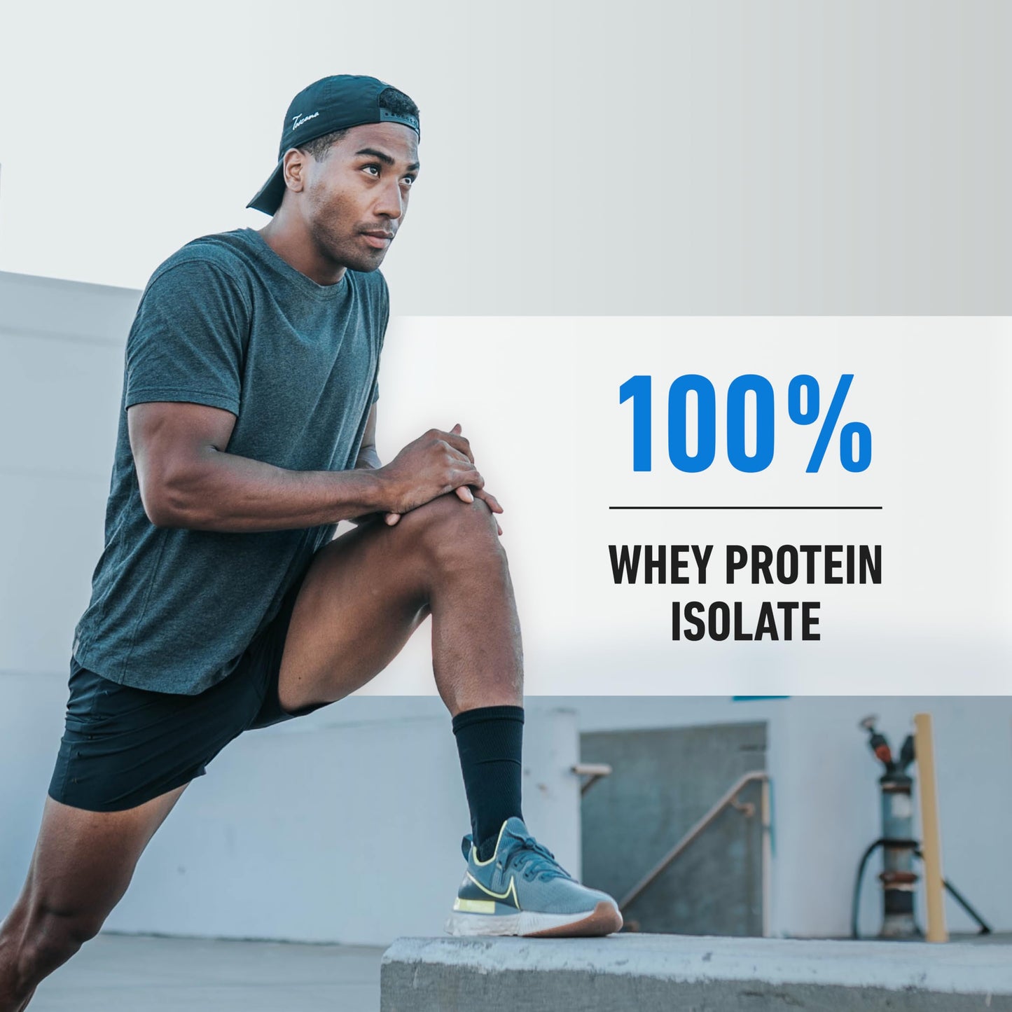 Man in athletic wear stretching outdoors with a text overlay about whey protein isolate.