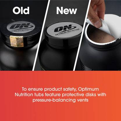 Comparison of an old and new Optimum Nutrition container with text about product safety features.
