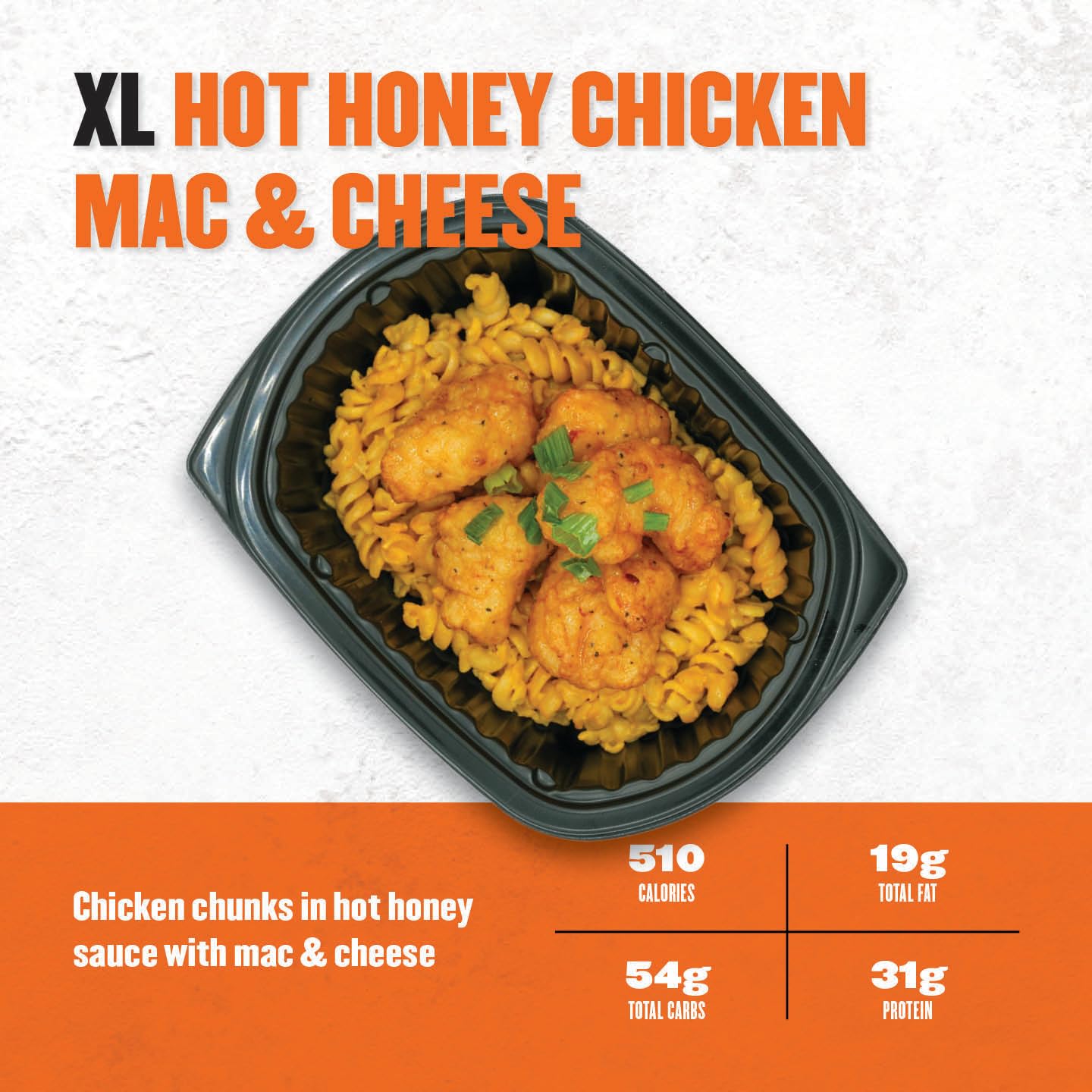 XL Hot Honey Chicken Mac & Cheese dish with nutritional information on an orange background