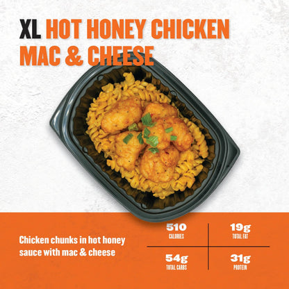 XL Hot Honey Chicken Mac & Cheese dish with nutritional information on an orange background