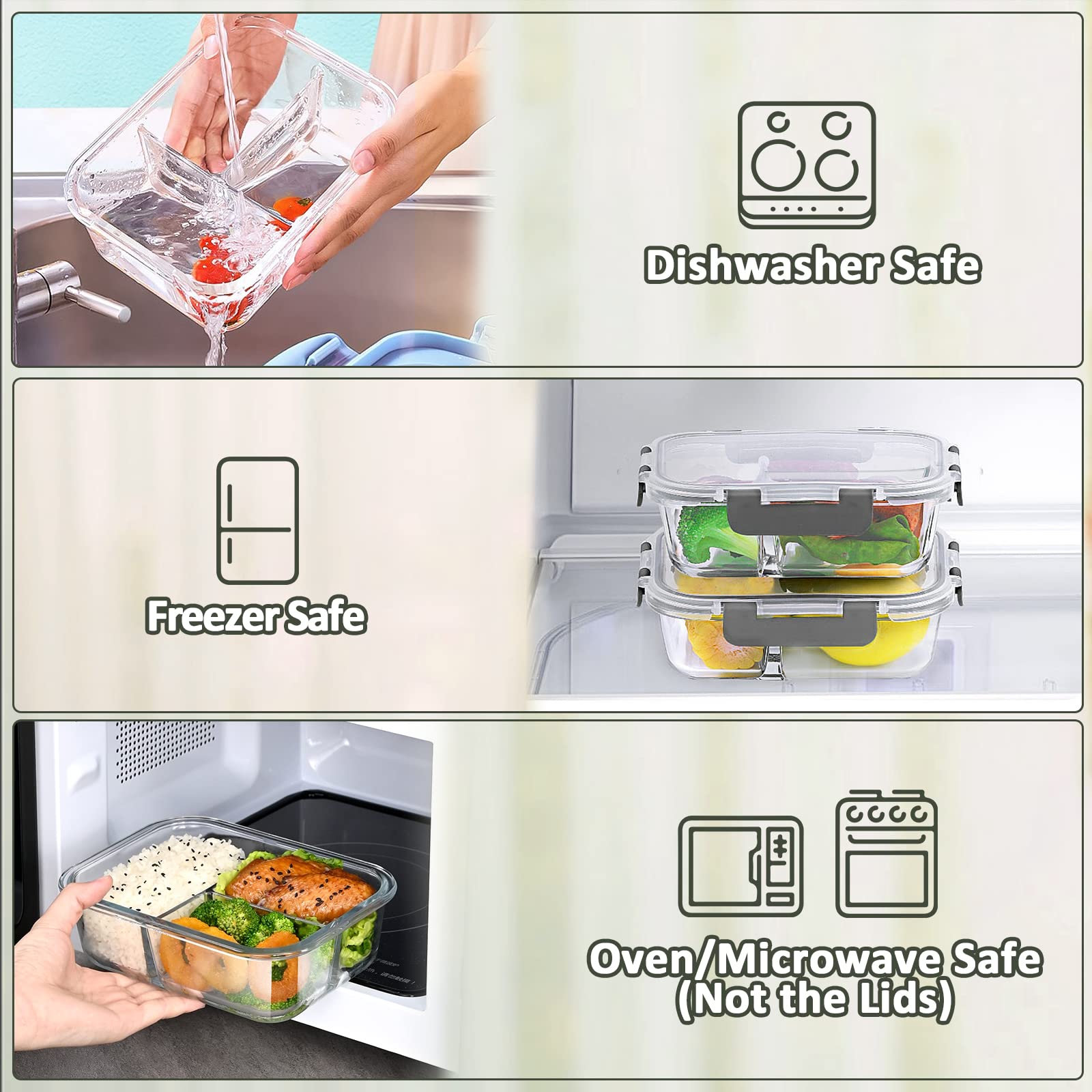 Glass food containers with icons indicating dishwasher, freezer, and oven/microwave safety.