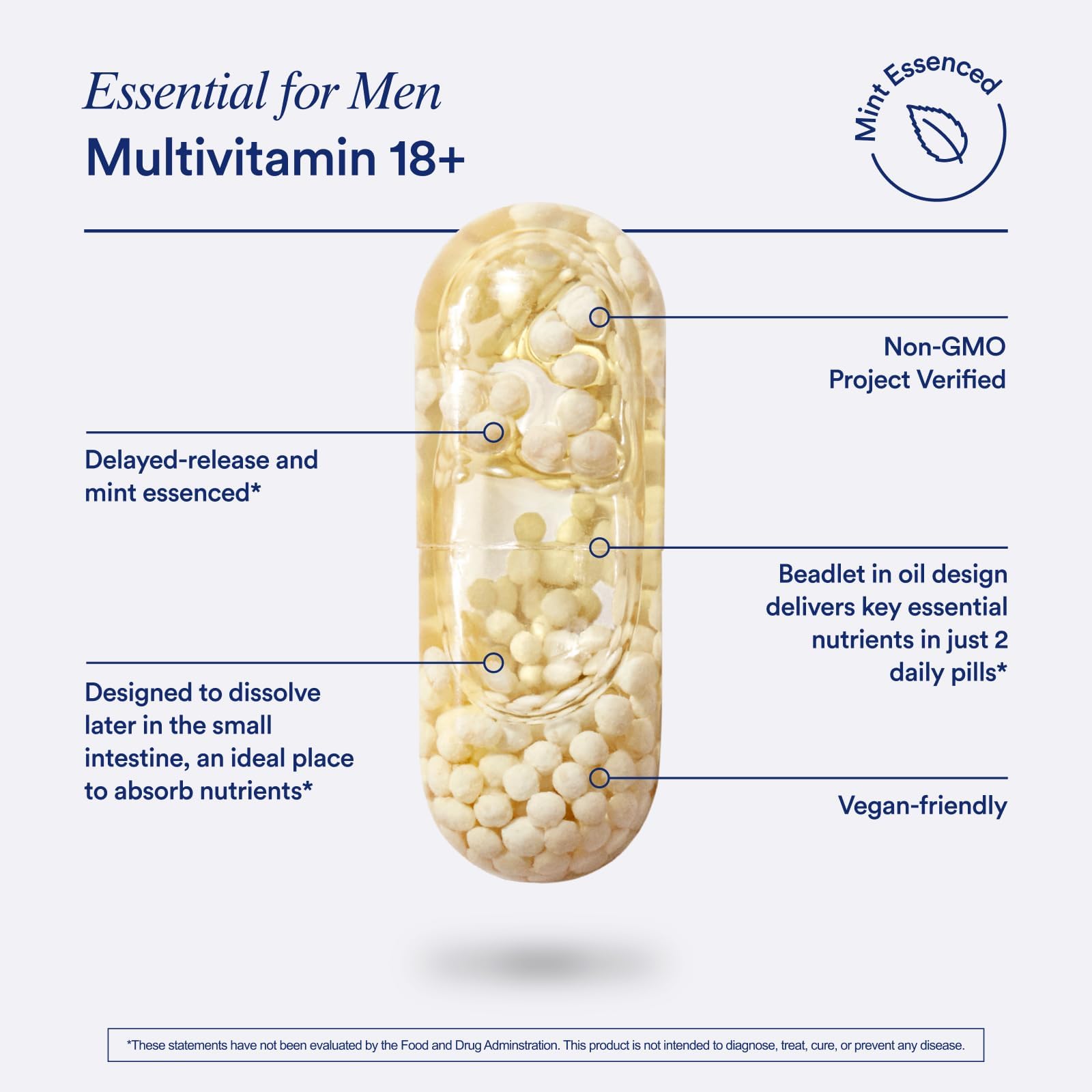 Multivitamin capsule with text highlighting features on a white background