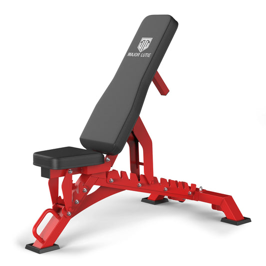Red and black weight bench with 'MAJOR LUTIE' branding on a white background