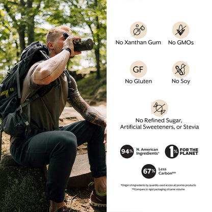 Person with a backpack drinking from a bottle outdoors, with health and environmental claims on the right.