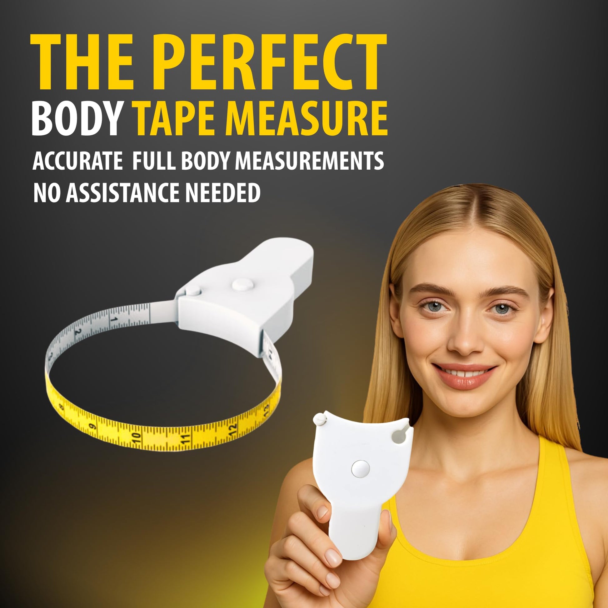 Woman holding a white body tape measure with text on a dark background