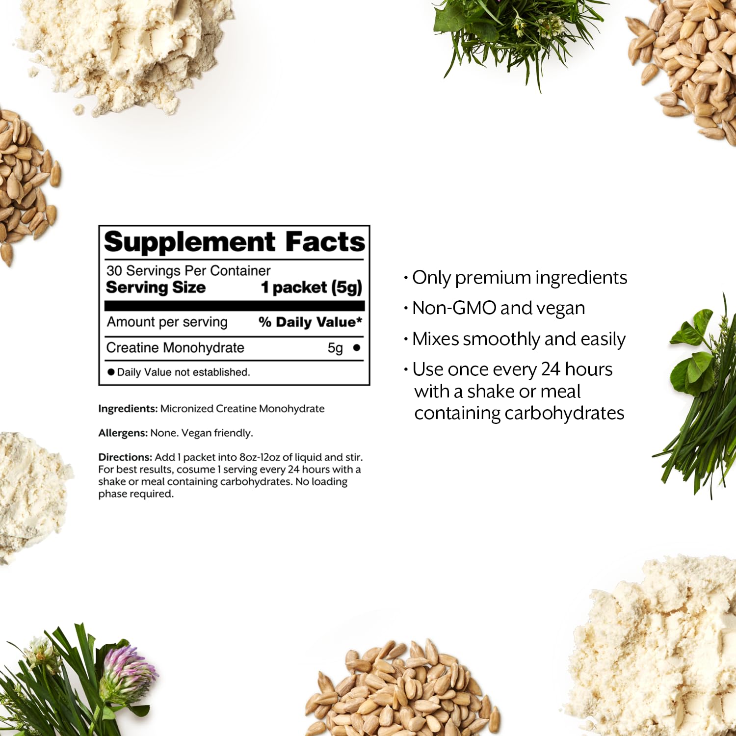Supplement facts label with ingredients and benefits on a white background