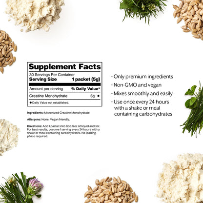Supplement facts label with ingredients and benefits on a white background