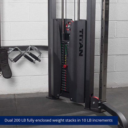 Gym equipment with Titan branding and weight stack details against a tiled wall.