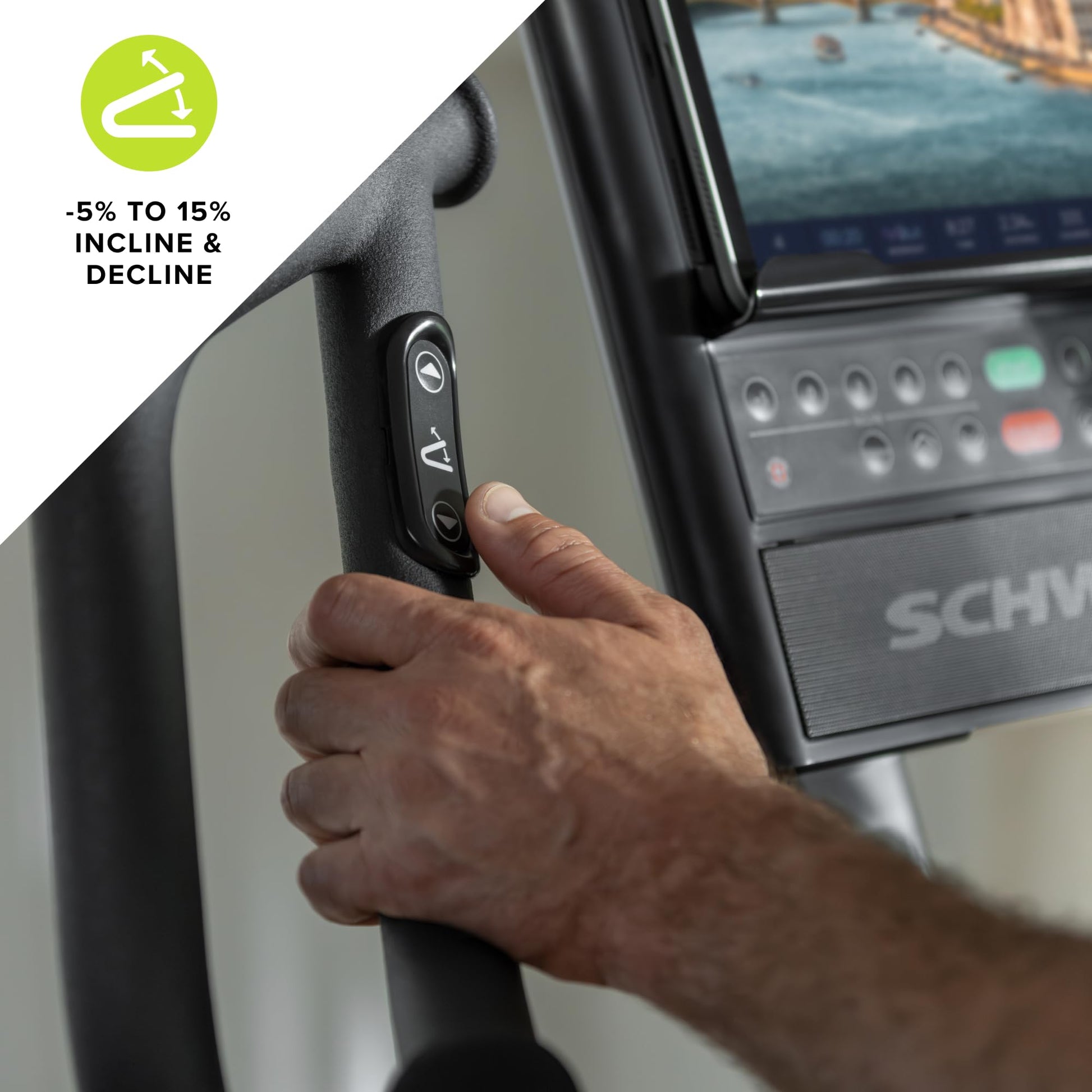 Hand adjusting a treadmill control panel with incline and decline settings displayed.