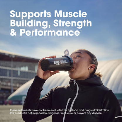 Person drinking from a Dymatize Nutrition shaker bottle with text about muscle building, strength, and performance.