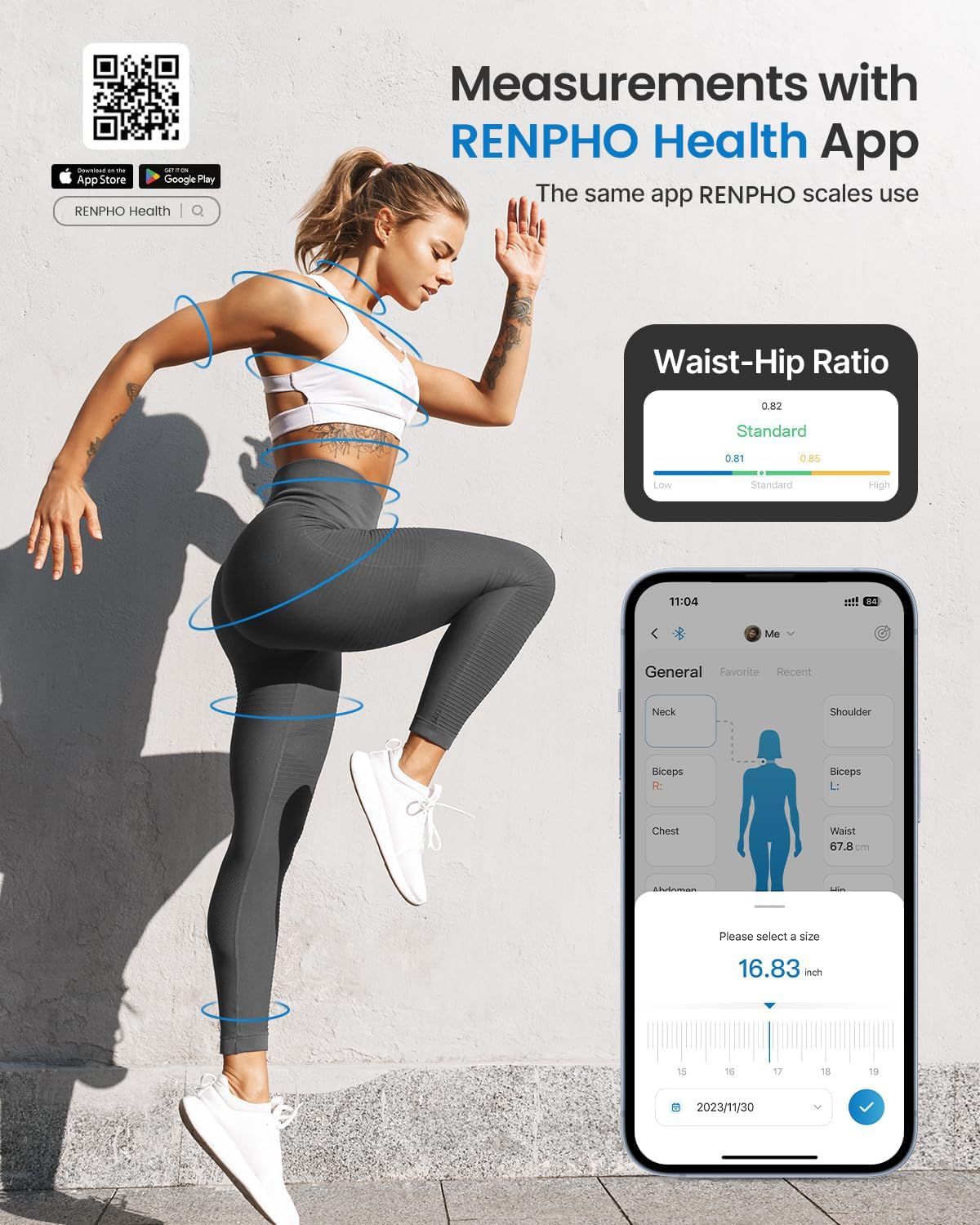 Person running with waist-hip ratio measurement overlay and smartphone displaying RENPHO Health App.