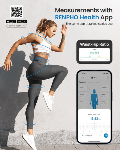 Person running with waist-hip ratio measurement overlay and smartphone displaying RENPHO Health App.