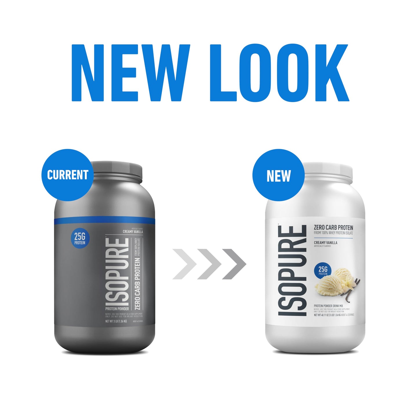 Comparison of Isopure protein powder containers with 'Current' and 'New' labels.