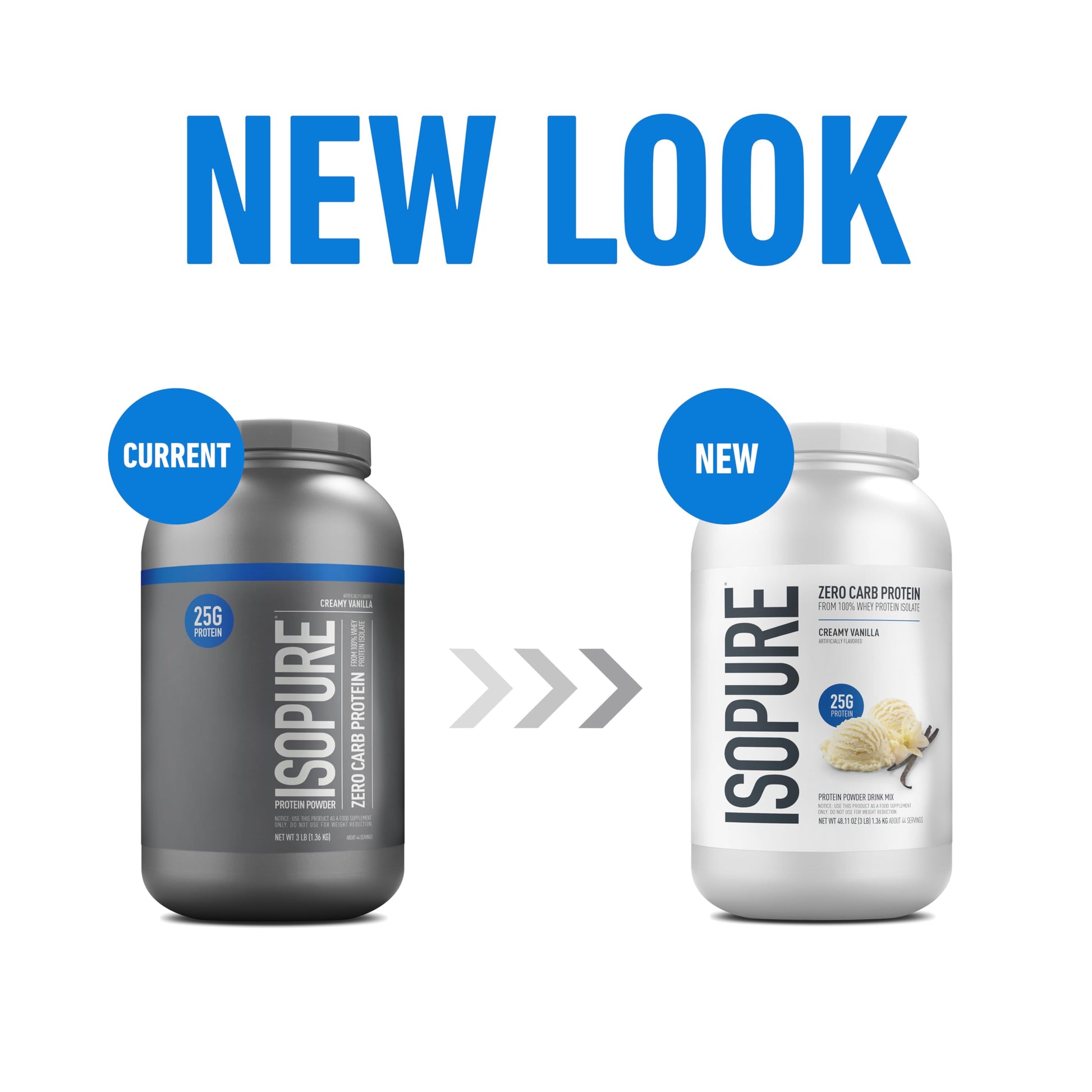 Comparison of Isopure protein powder containers with 'Current' and 'New' labels.