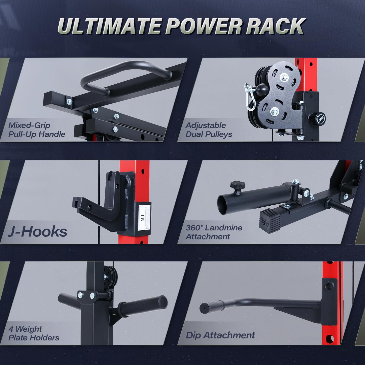 Ultimate Power Rack with various attachments on a dark background