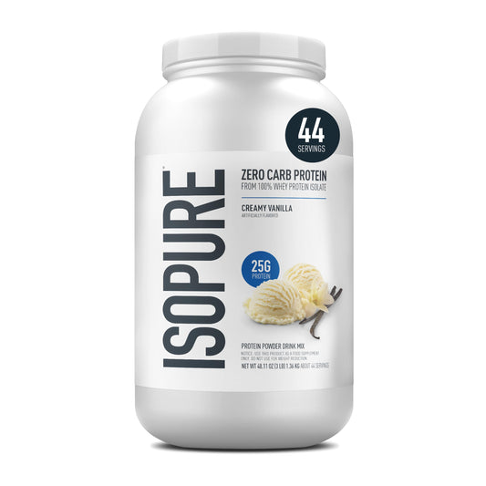 Isopure zero carb protein powder container on a white background
