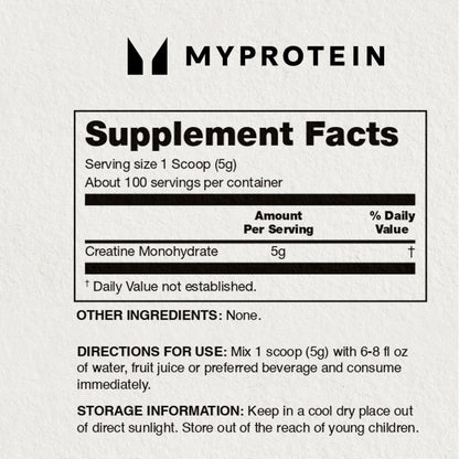 MyProtein supplement facts label on a white background