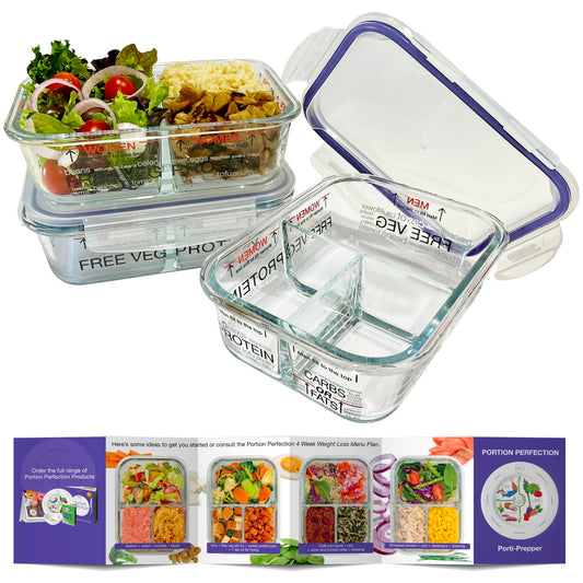 Glass food storage containers with labeled compartments and a Portion Perfection product on a white background.