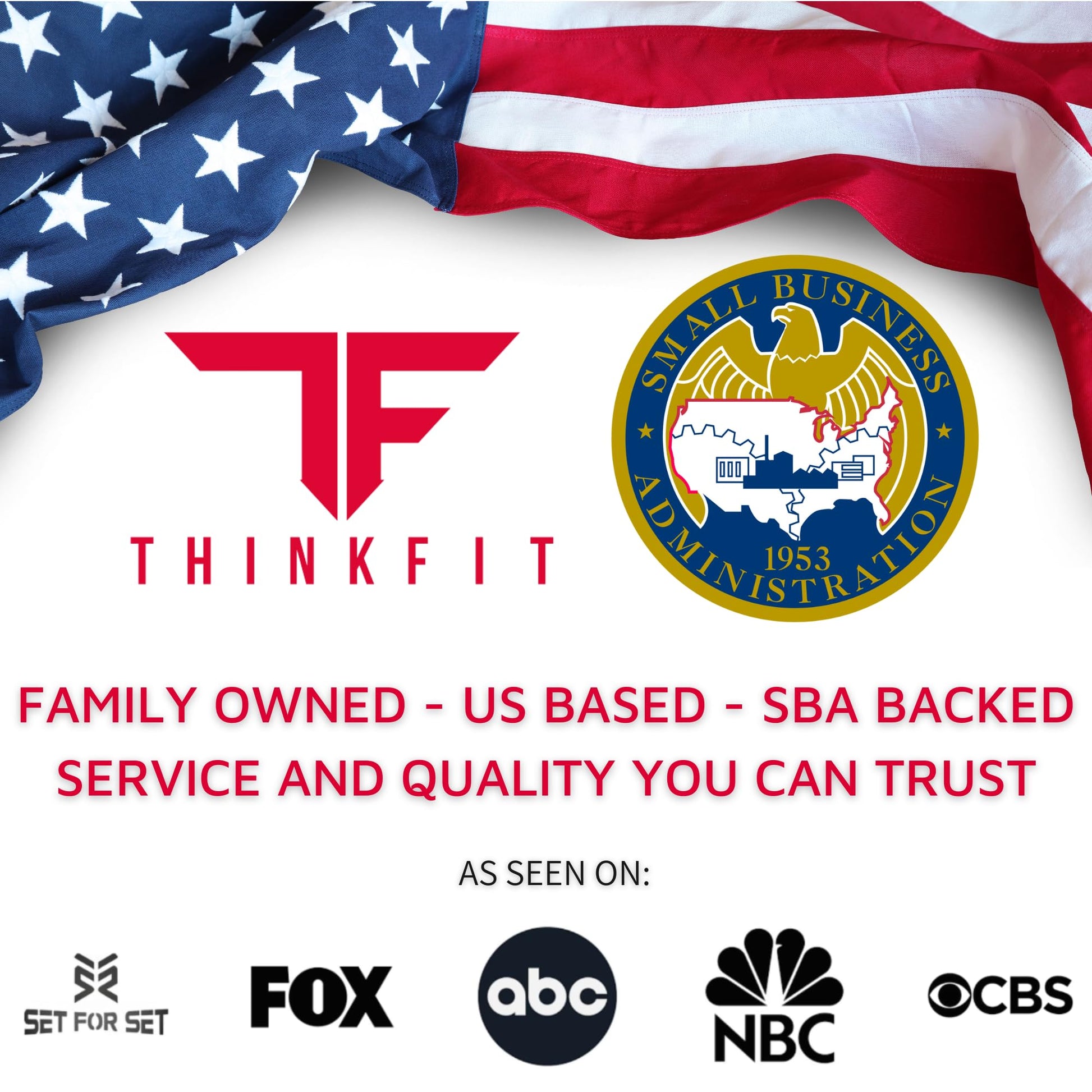 ThinkFit logo with American flag and SBA seal, featuring ThinkFit's branding and credentials.