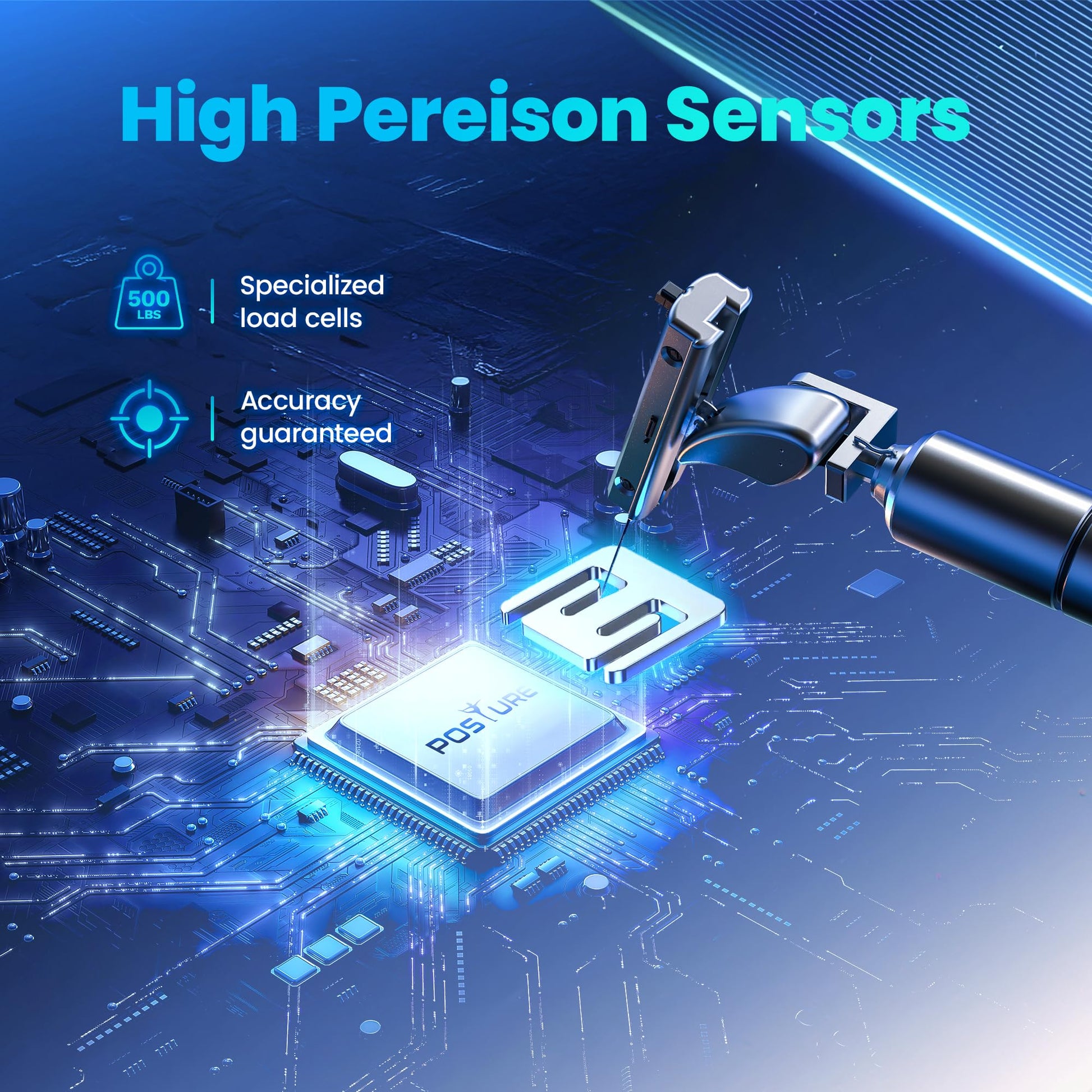 High precision sensor technology with a robotic arm on a blue digital background