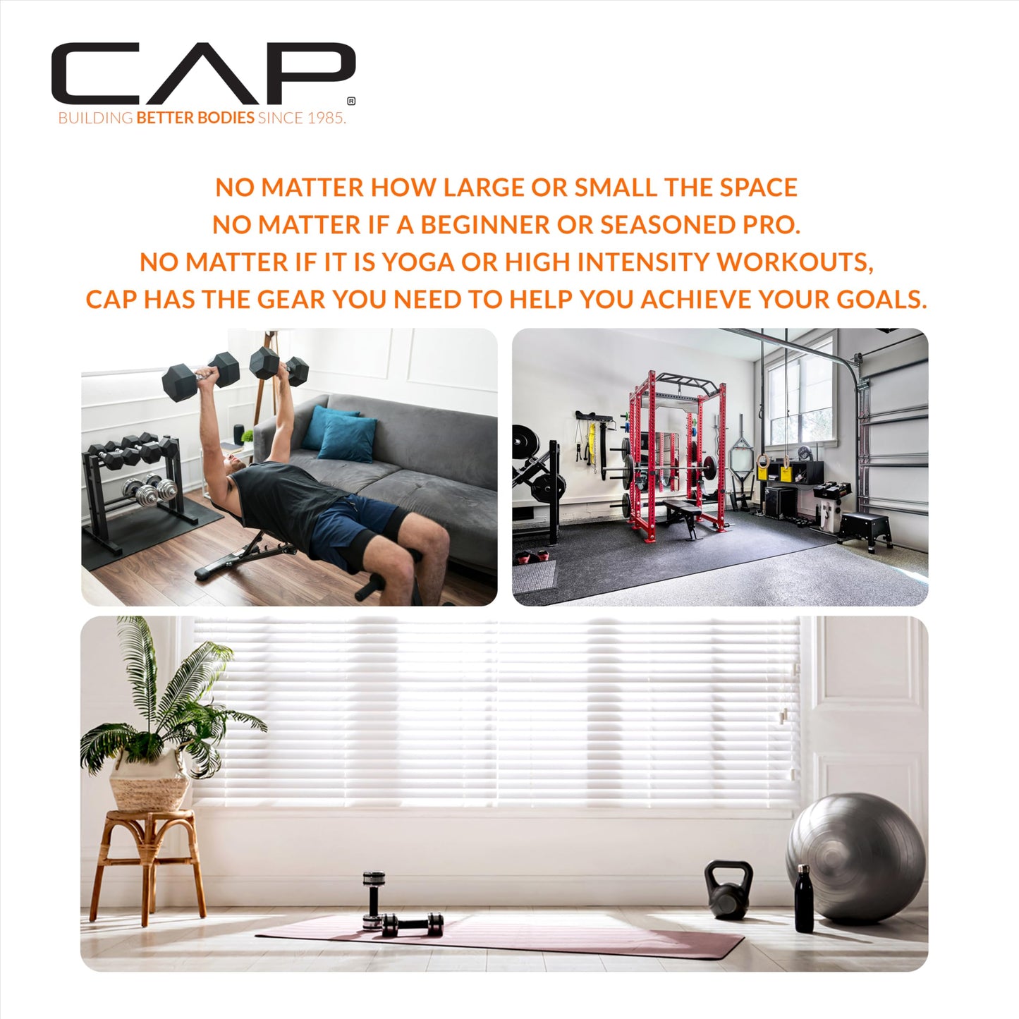 Advertisement for CAP fitness equipment with text and images of a home gym setup.